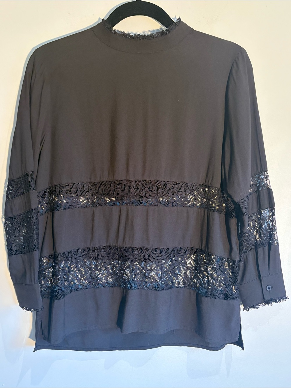Rococo Sand Black Lace-Insert Long Sleeve Blouse